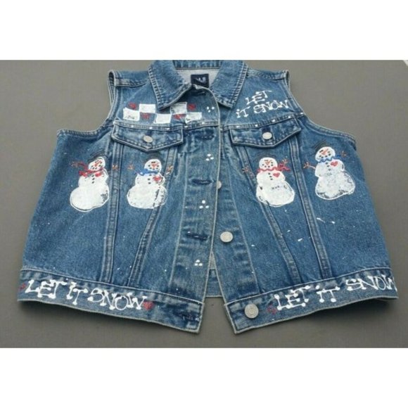 Girls Jean Vest Size M Holiday Winter Handpainted Snowman - Picture 12 of 12